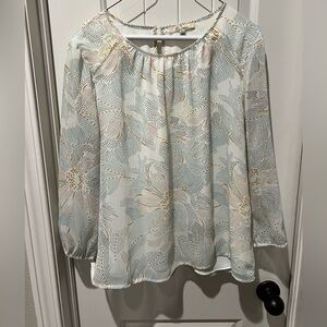 Stitch Fix Les Serein Cream, Green, yellow Relaxed 3/4 Sleeve floral Blouse sz L